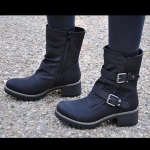 GLOBAL WIN Black Buckle Mid Calf Boots Vegan Leather Size 8